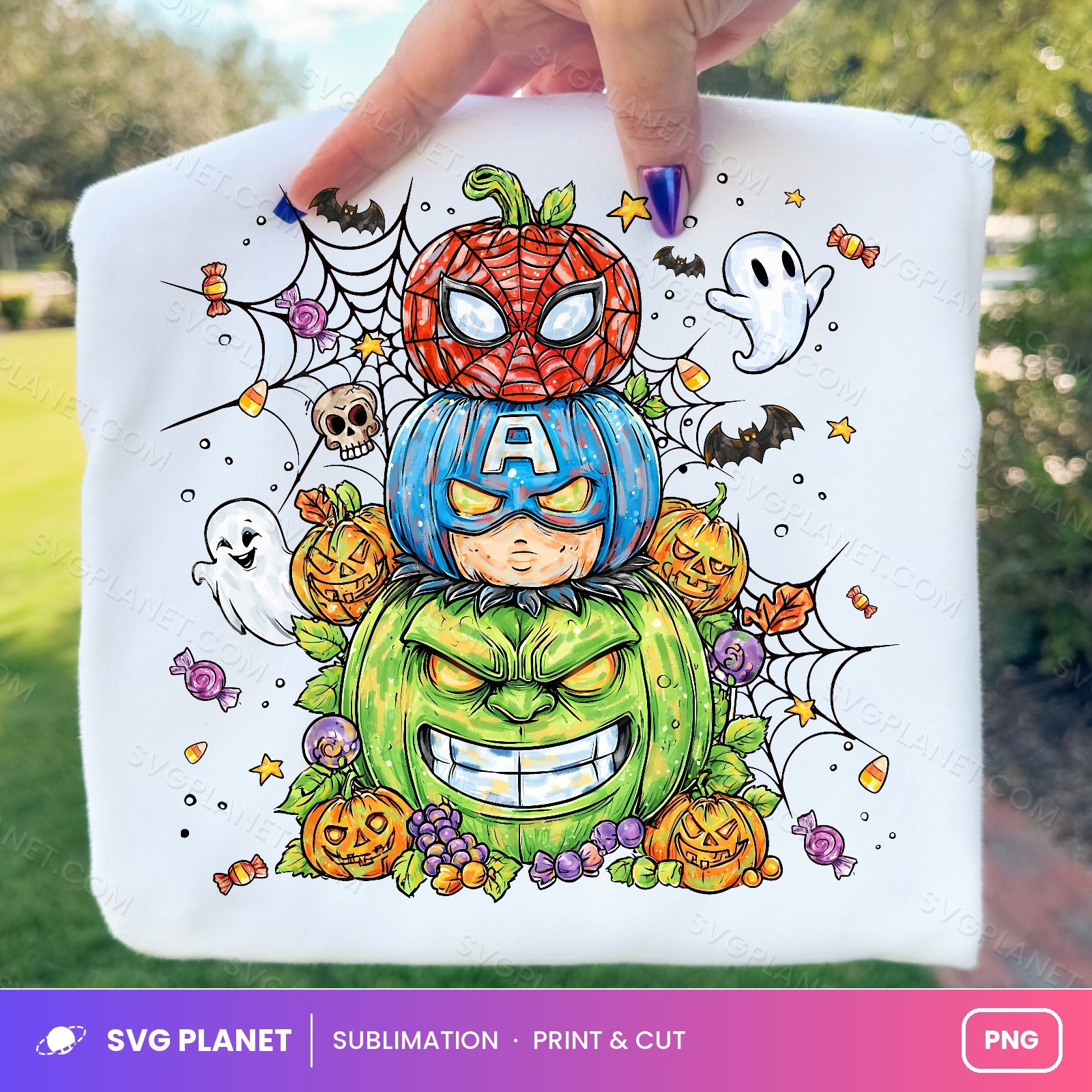 Stacked Superhero Pumpkins Spider Captain Hulk PNG