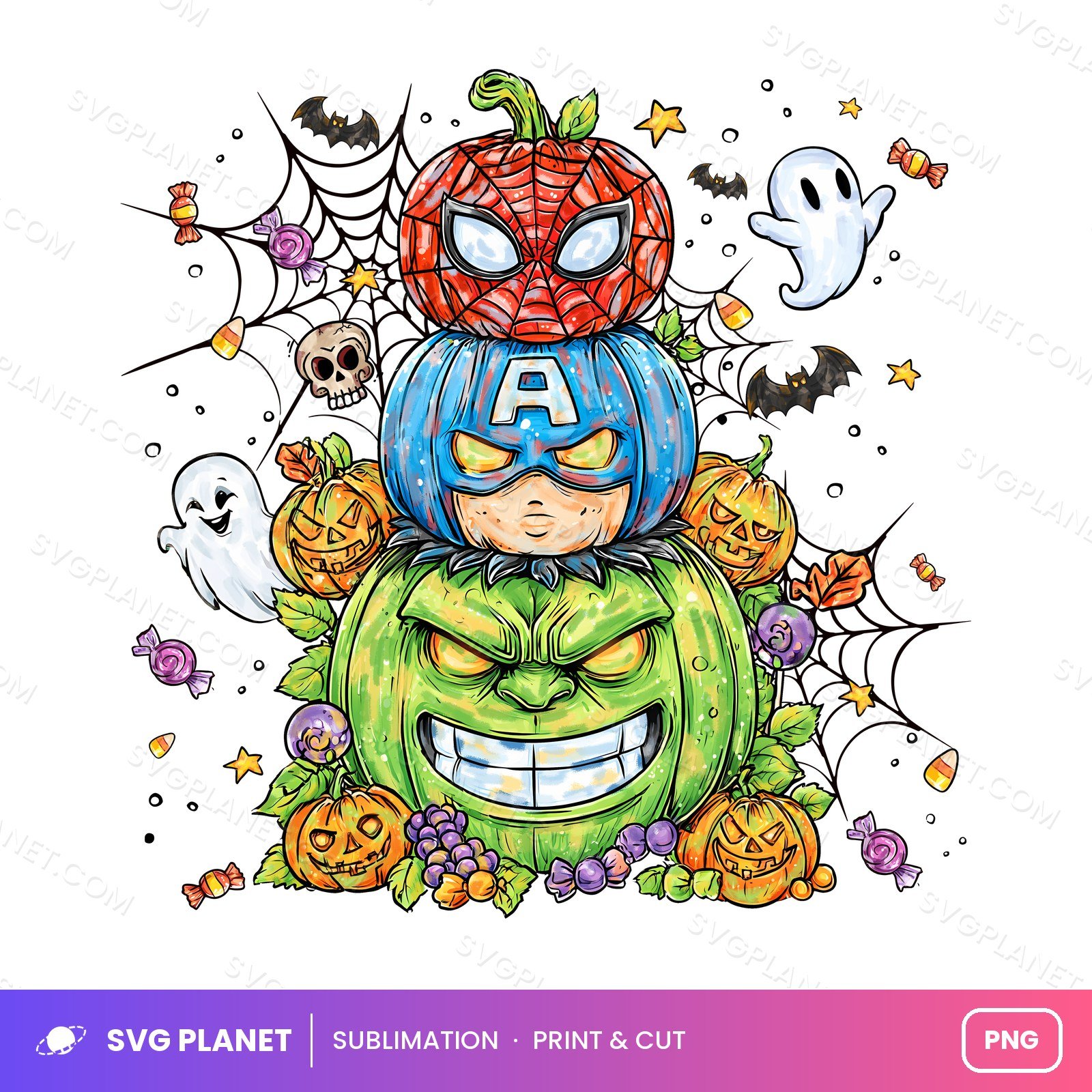 Stacked Superhero Pumpkins Spider Captain Hulk PNG - Image 2