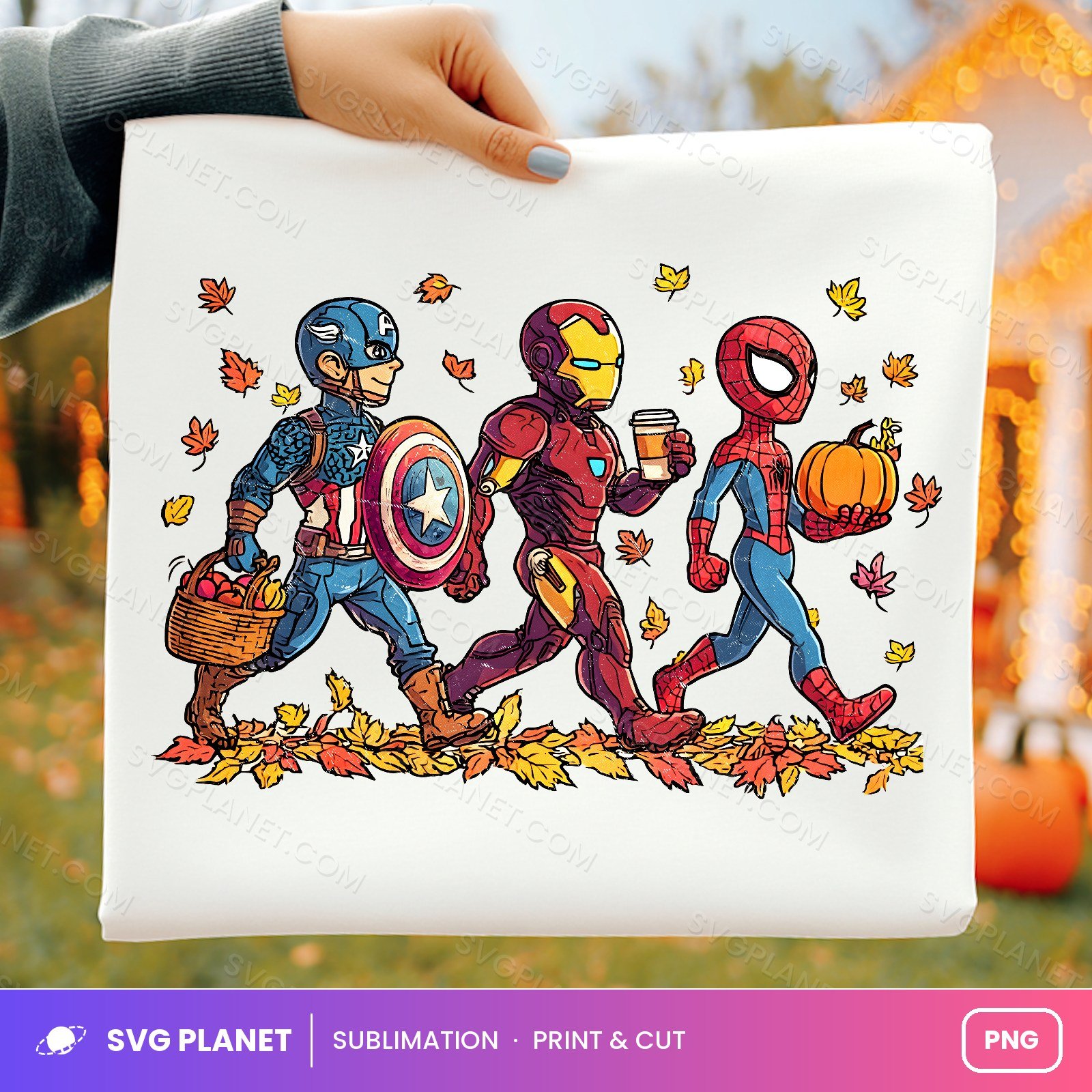 Superhero Fall Walk With Pumpkin And Coffee PNG