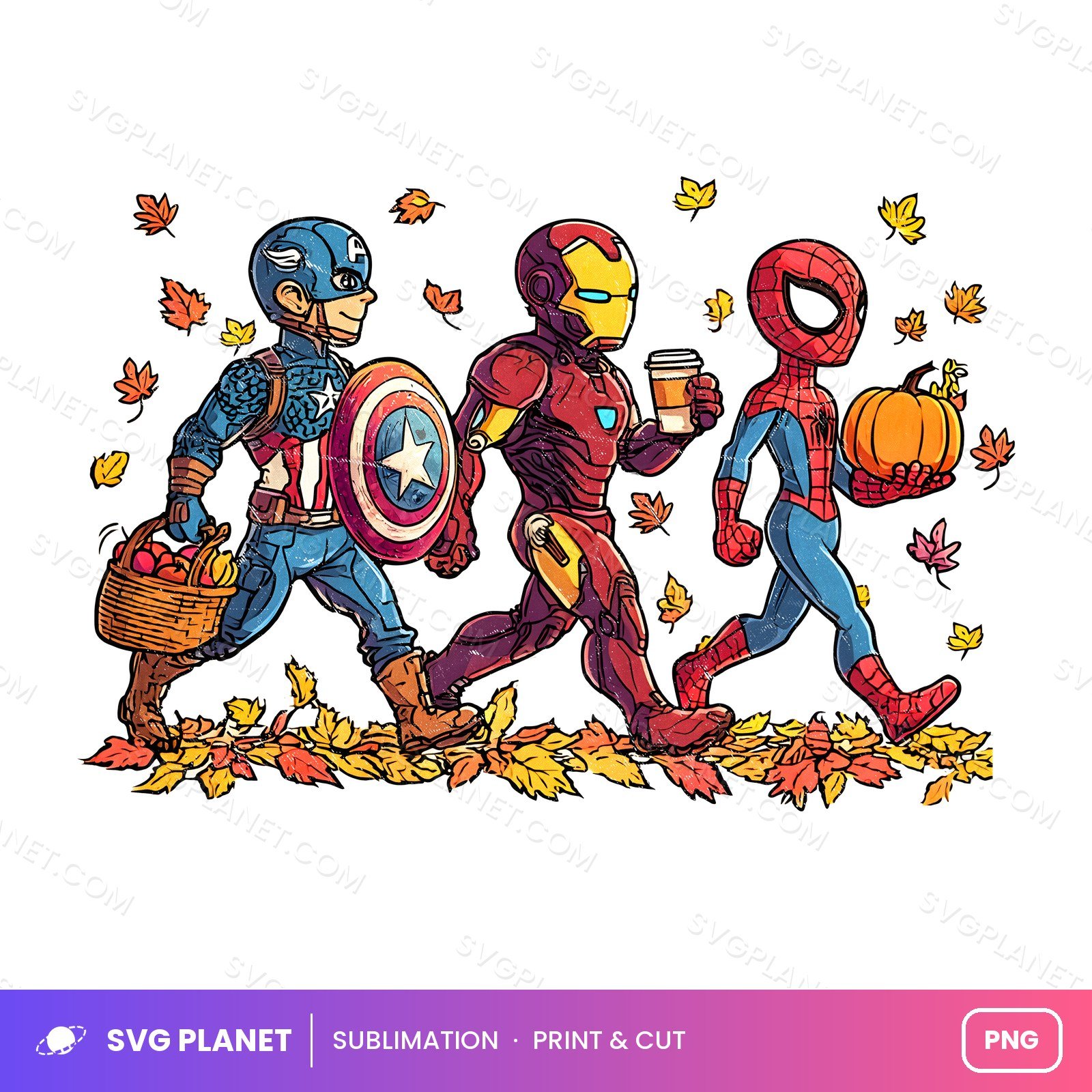 Superhero Fall Walk With Pumpkin And Coffee PNG - Image 2