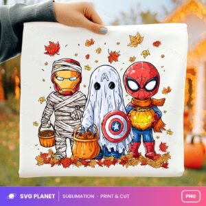 Superhero Halloween Trio Fall Leaves Pumpkin Buckets PNG