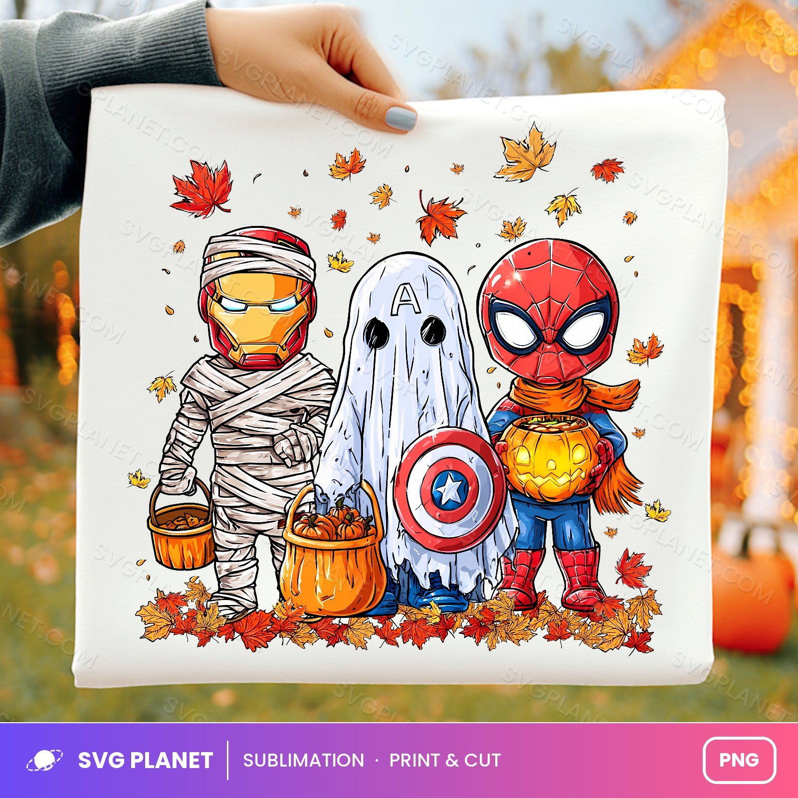 Superhero Halloween Trio Fall Leaves Pumpkin Buckets PNG