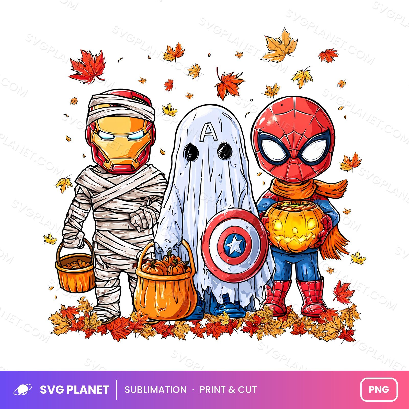 Superhero Halloween Trio Fall Leaves Pumpkin Buckets PNG - Image 2