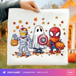 Superhero Halloween Trio Mummy Ghost And Spider Fall Leaves PNG
