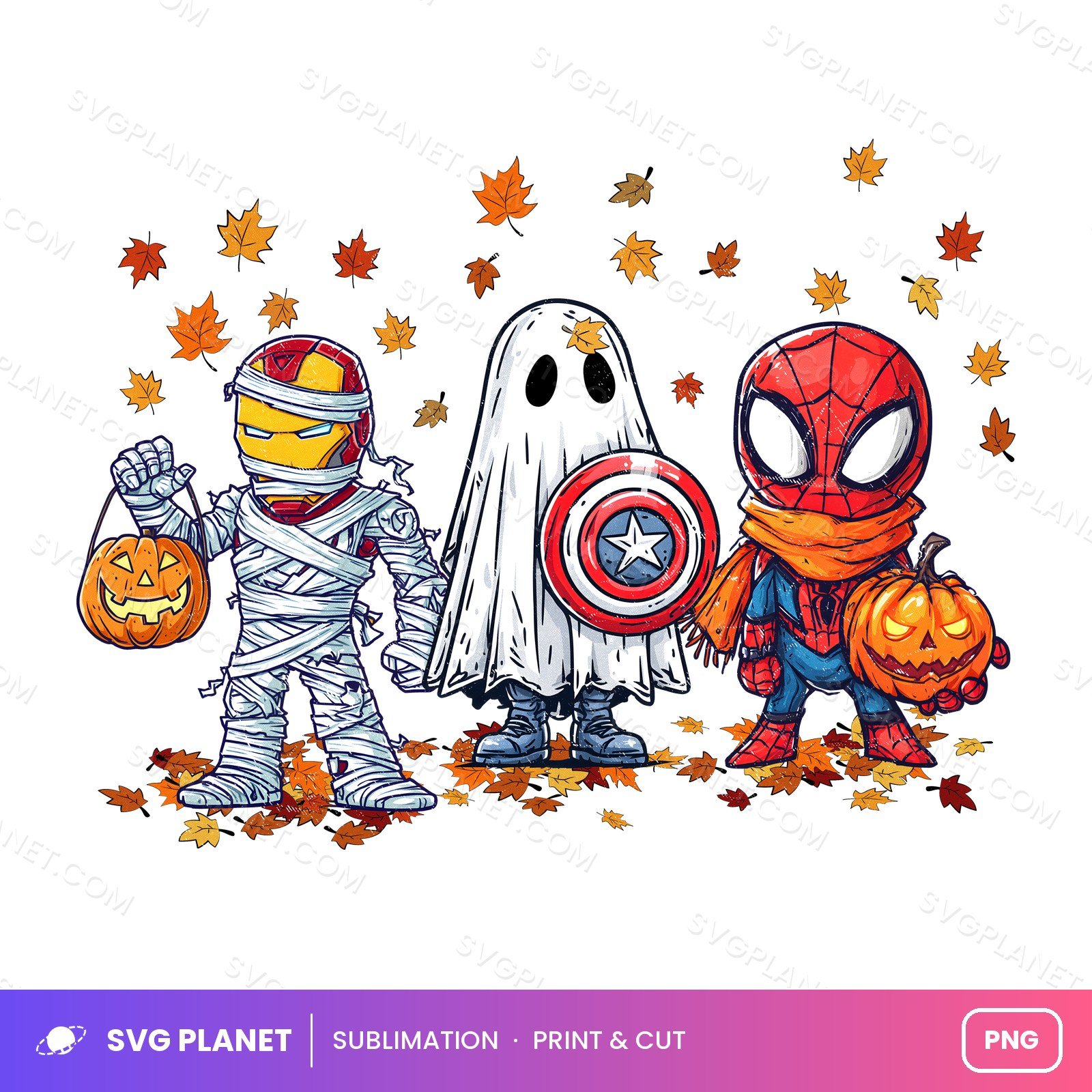 Superhero Halloween Trio Mummy Ghost And Spider Fall Leaves PNG - Image 2