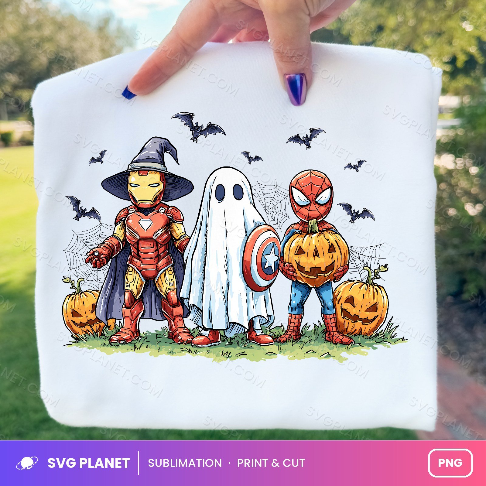Superhero Halloween Trio With Pumpkins And Bats PNG