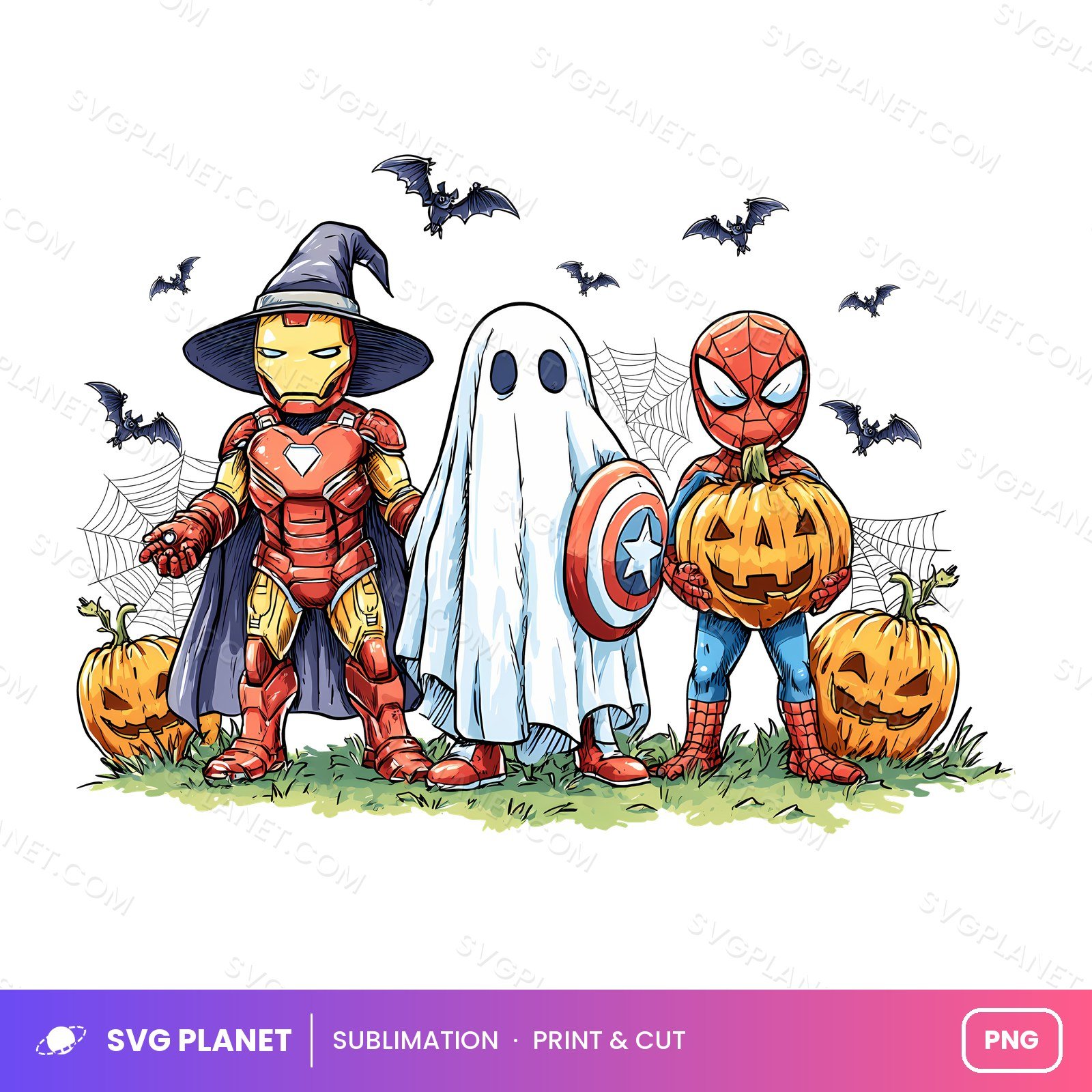 Superhero Halloween Trio With Pumpkins And Bats PNG - Image 2