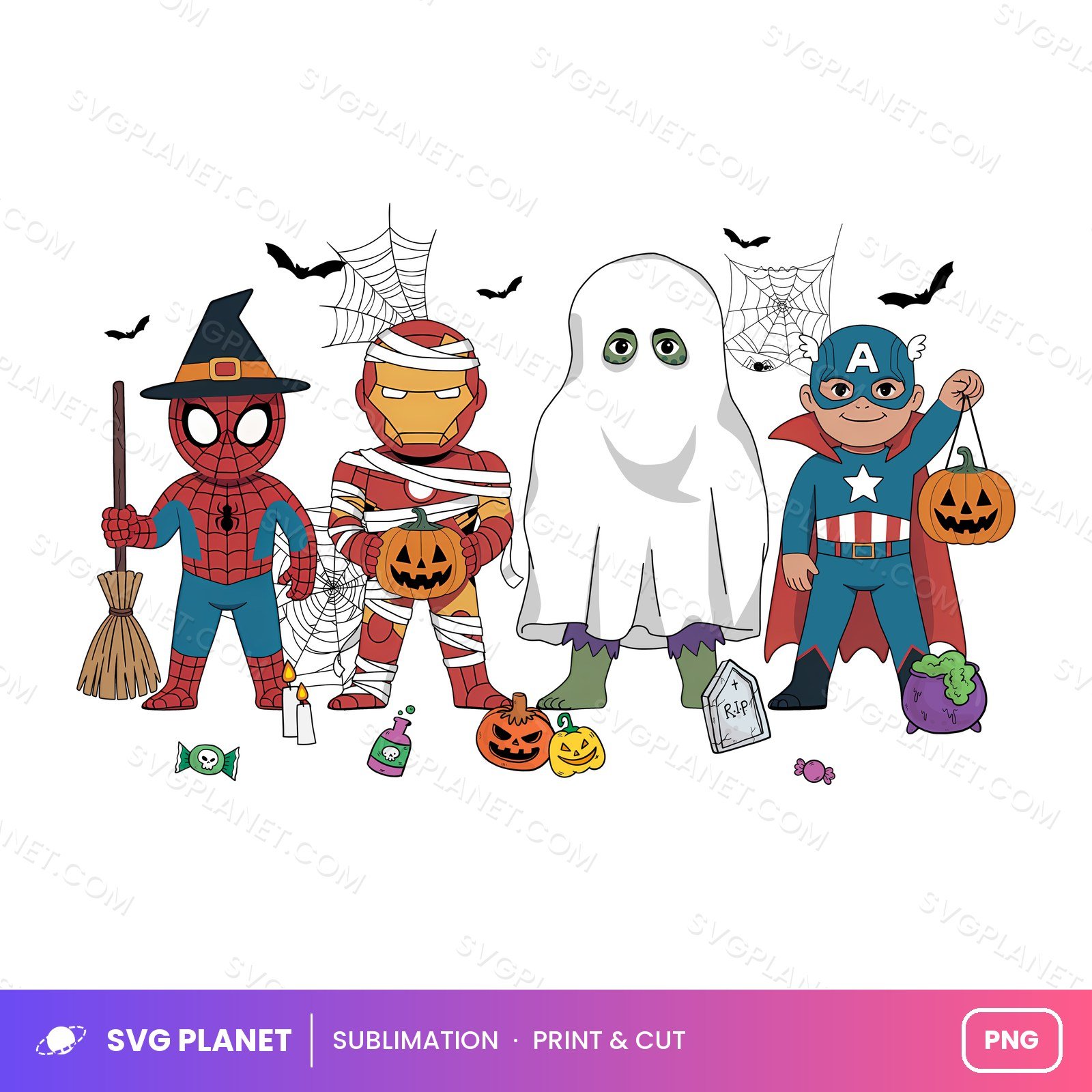 Superhero Kids Halloween Costume Lineup Cartoon PNG - Image 2