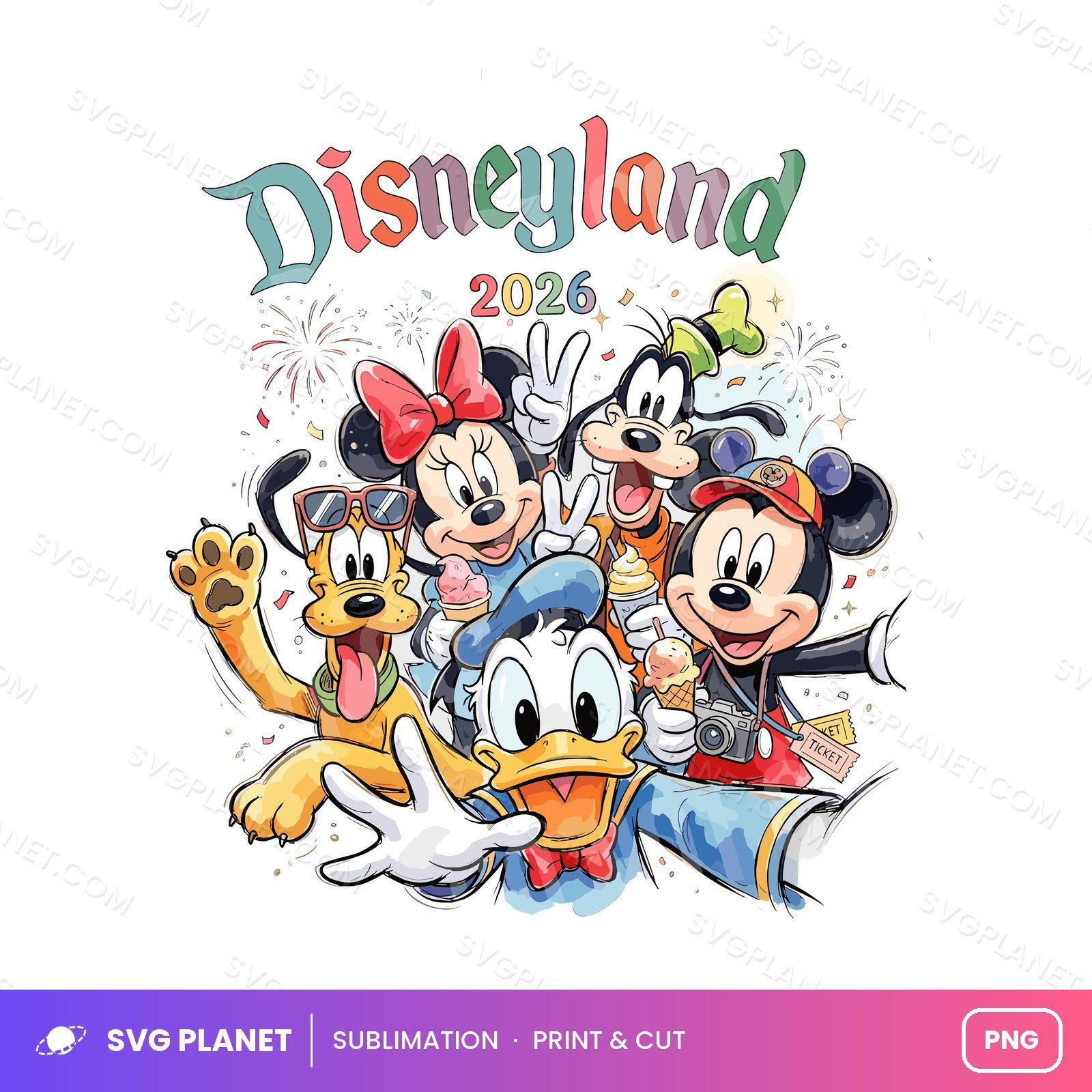 Theme Park Friends 2026, Cartoon Character Group Selfie PNG