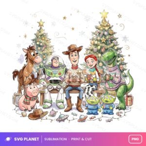 Toy Story Inspired Christmas, Retro Holiday Characters, Winter Cocoa Scene PNG