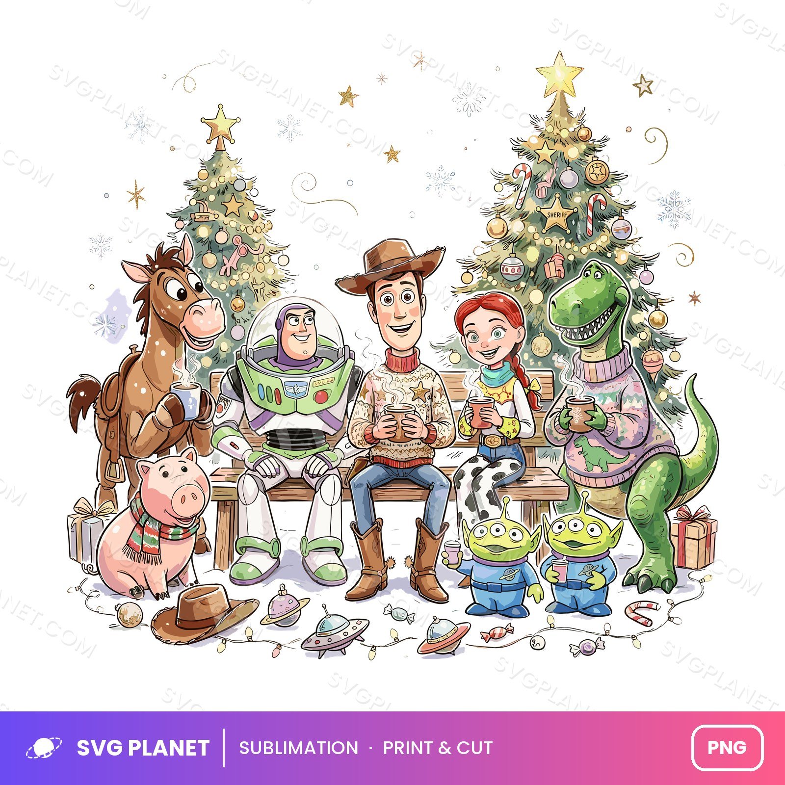Toy Story Inspired Christmas, Retro Holiday Characters, Winter Cocoa Scene PNG