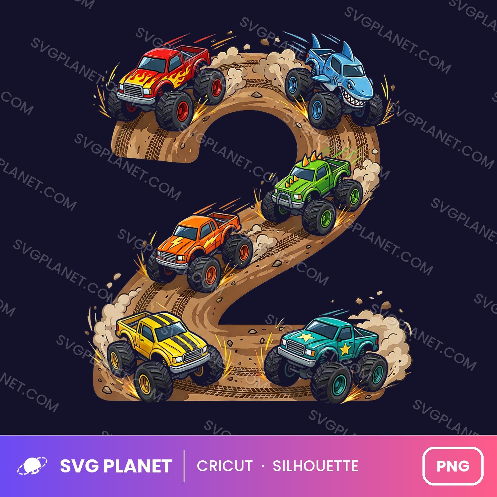 Two Monster Truck Birthday Number Birthday PNG