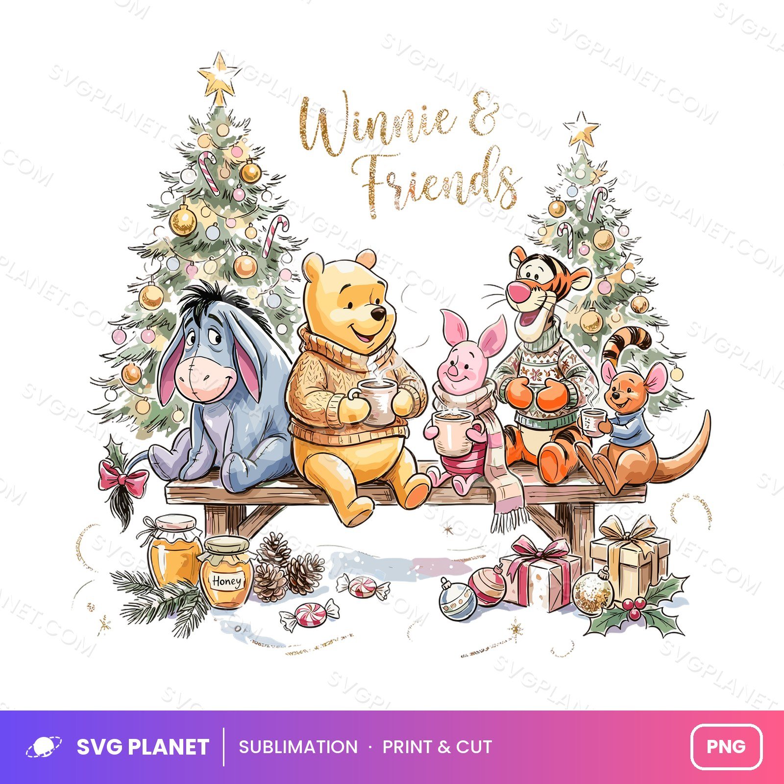 Winnie & Friends Christmas, Retro Winter Clipart, Cozy Hot Cocoa Scene PNG